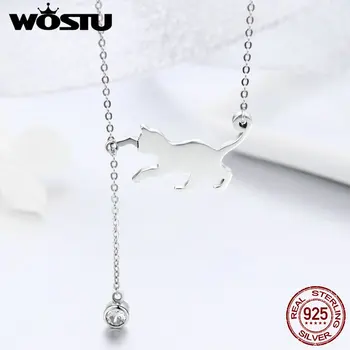 

WOSTU 100% 925 Sterling Silver Playful Cat Pet Chains Pendant Necklace For Women Luxury Brand Jewelry Dropshipping Gift FIN232