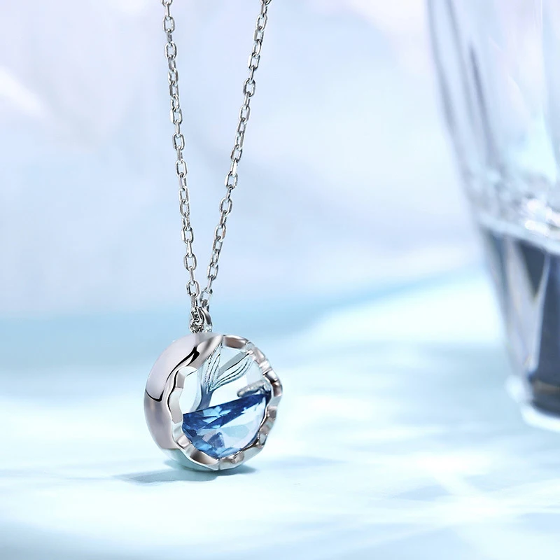 Exquisite Blue Crystal Fish Tail Pendant Necklace Elegant Women's Wedding Ocean Style Clavicle Chain Fashion Lady Party Jewelry |