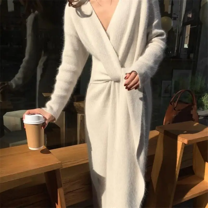 

Belted Cashmere Sweater Dress Office Lady V Neck Knitted Dress Winter Warm Thick Dress Vestidos