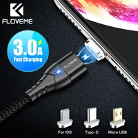 FLOVEME-Cable magnético 3A para iPhone, cargador de carga rápida, Micro USB tipo C