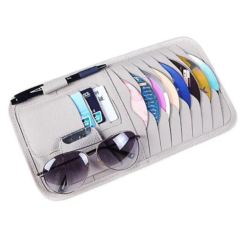 Car internal storage bag Luxurious Leather Sun Visor Shade CD DVD Holder Bag Cards Pocket Black