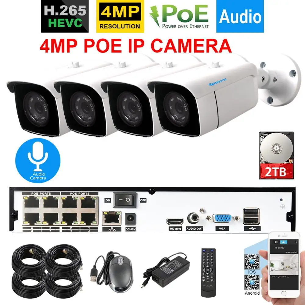 

TOPROHOMIE H.265+ 8Ch POE NVR System 4MP NVR recorder 4MP Audio Sound Onvif POE IP Camera 8CH Video Surveillance kit Alarm
