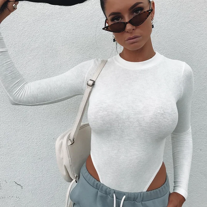 ZHYMIHRET 2019 Autumn Winter White Ribbed Bodysuit Women Long Sleeve O Neck Cotton Rompers Basic Skinny Body Mujer