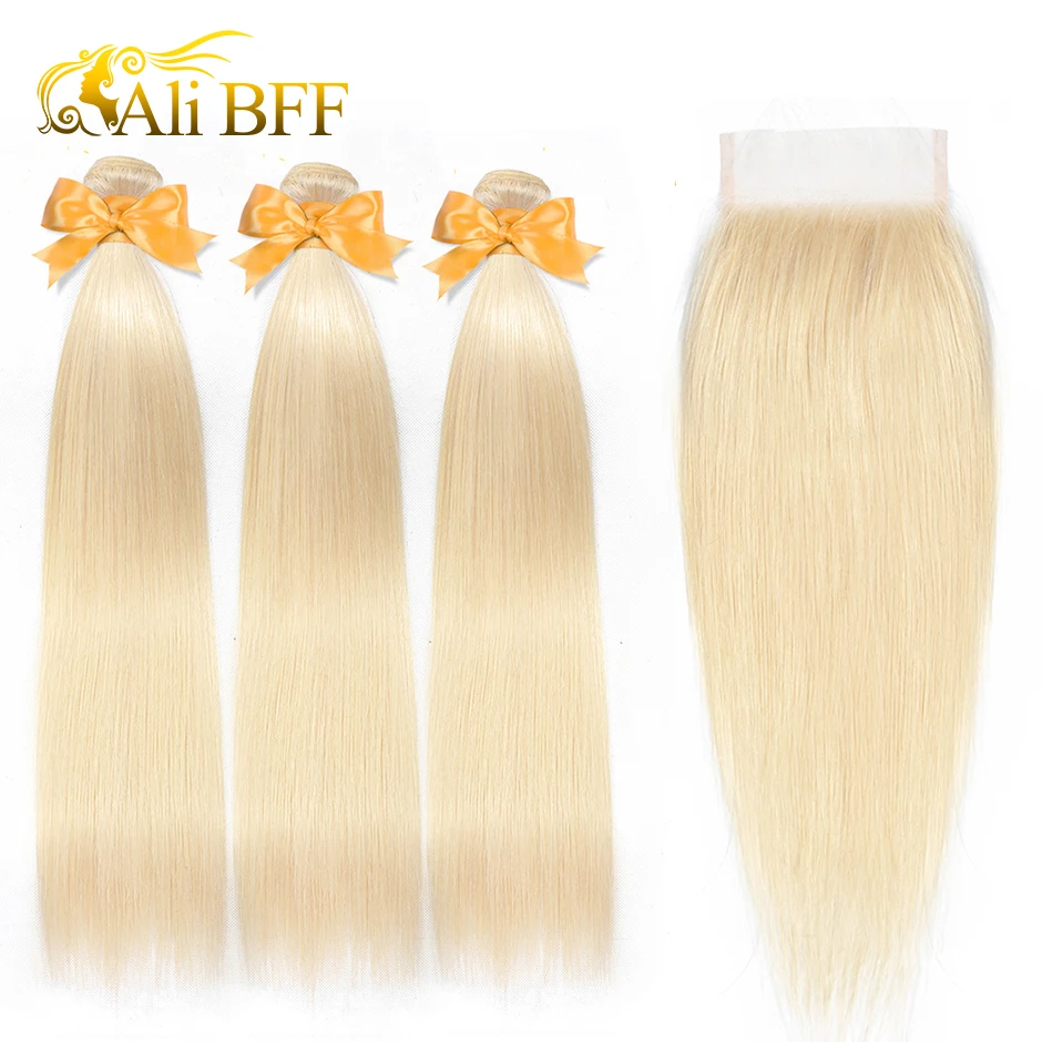 

ALI BFF Straight 613 Bundles With Closure 3 Bundles Brazilian Hair Weave Bundles Remy Human Hair Blonde Bundles With Closure