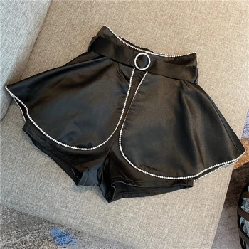 

2020 spring and summer new style heavy industry rhinestone bezel double satin lace waist shorts women 0227