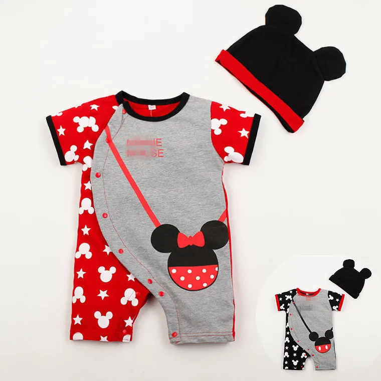 

Disney Mickey Mouse baby clothes cartoon print fake backpack climbing clothes short-sleeved baby romper cotton 2-piece hat
