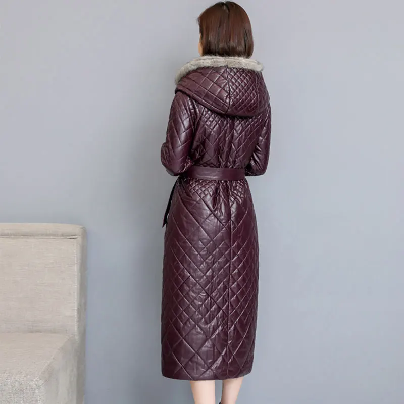 Luxury Fashion Down Jacket Women's Clothing Hooded Mink Fur Collar Leather Jacket Female Waist Slim Long Down Coat Women
