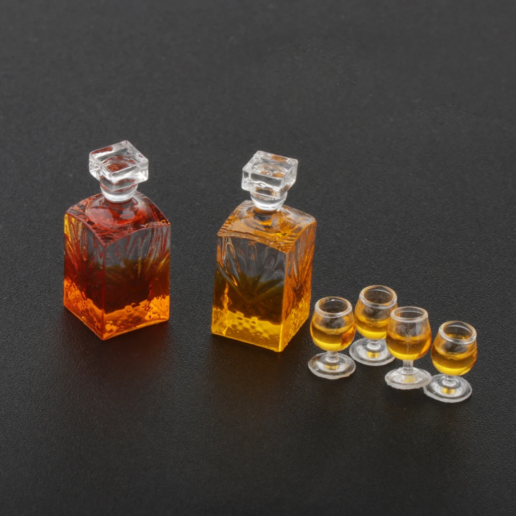 6pcs 1:12 Miniature Whisky Bottles Model Dollhouse Foods Groceries Kitchen Fairy Garden Decorations with Cups Pub Bar Model Toys