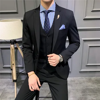 

Men Suit Three-piece Set Slim Fit Suit Suit Male One Grain Buckle Business Leisure Solid Color Wedding Best Man Clothing