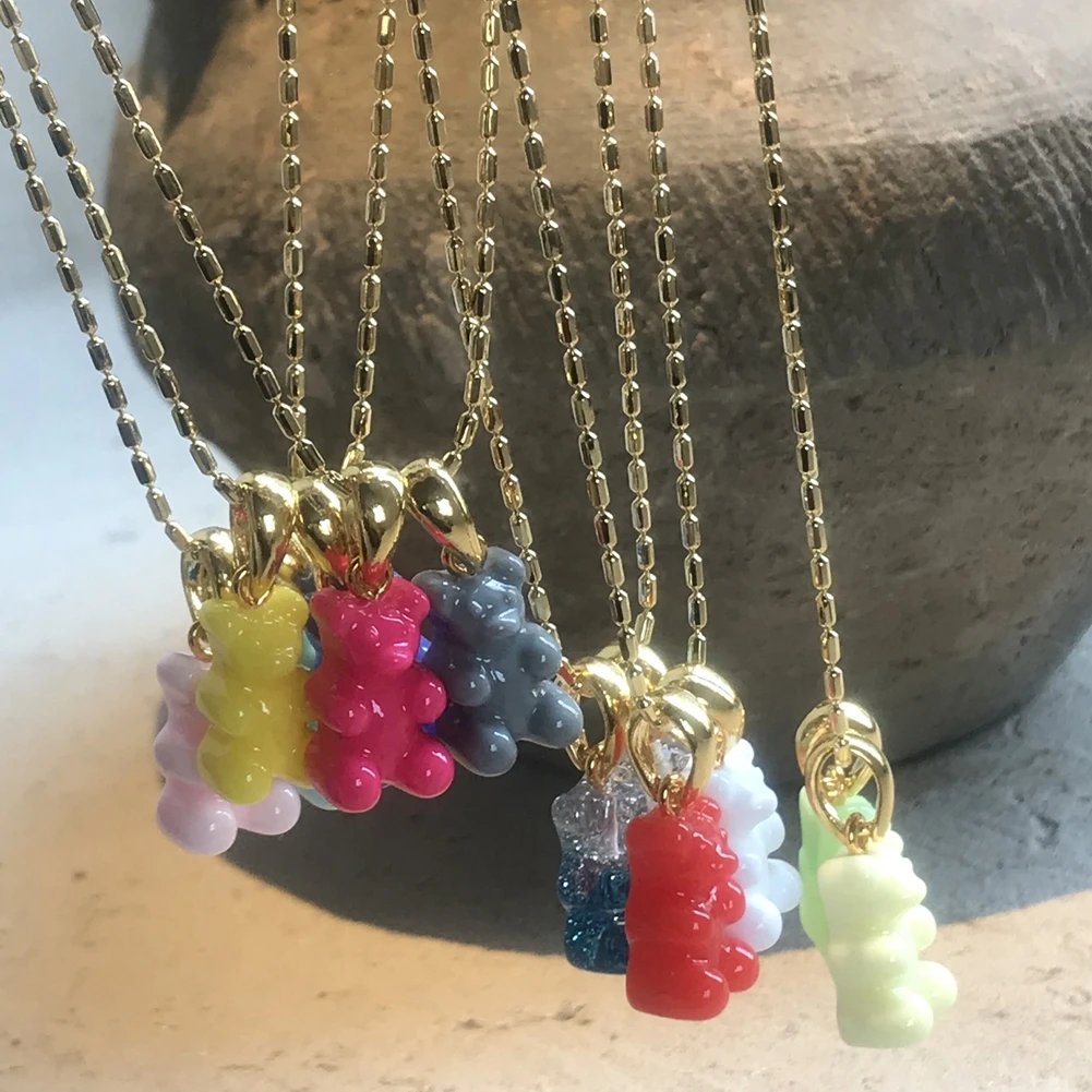 2021 Candy Color Gummy Bear Resin Pendant Necklace for Women Simple Golden Metal Chain Necklace Female Fashion Jewelry Gifts