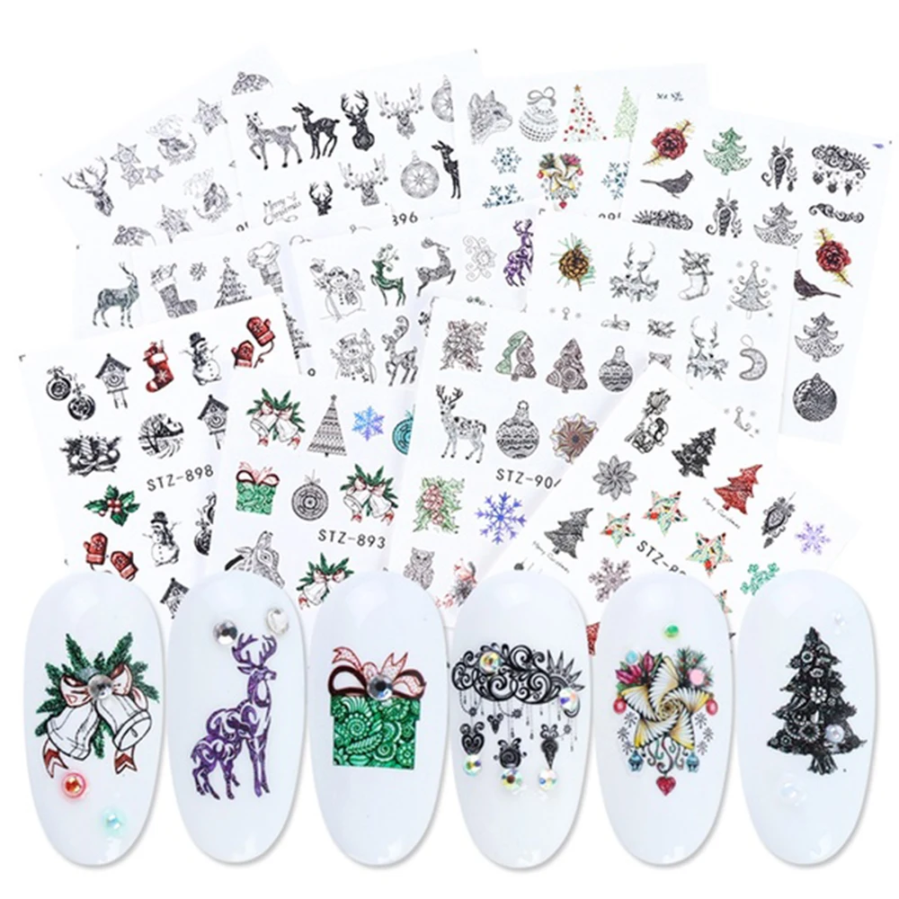 12 шт черный зимний дизайн ногтей стикер воды набор Лось снежинки звезда слайдер украшения Шарм Рождество цветок наклейки