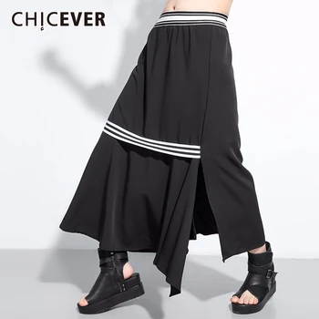 

CHICEVER Stripe Patchwork Skirt For Women Irregular Side Split High Waist Ankle Length Female Skirts New Summer Clothes 2020