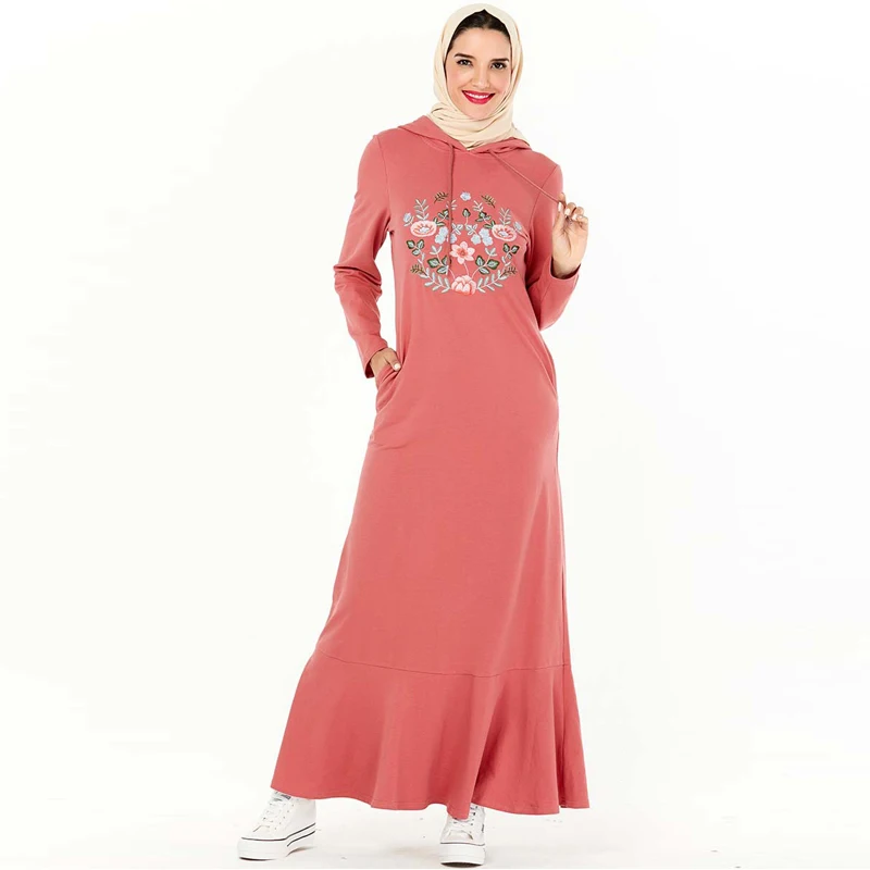 Розовый цветочный Абая для женщин Caftan платье в марокканском стиле хлопок с капюшоном Дубай осень зима Исламская одежда халат Djellaba Femme