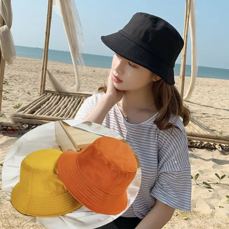

Korean Adult Kids Summer Foldable Bucket Hat Solid Color Hip Hop Wide Brim Beach UV Protection Round Top Sunscreen Fisherman Cap
