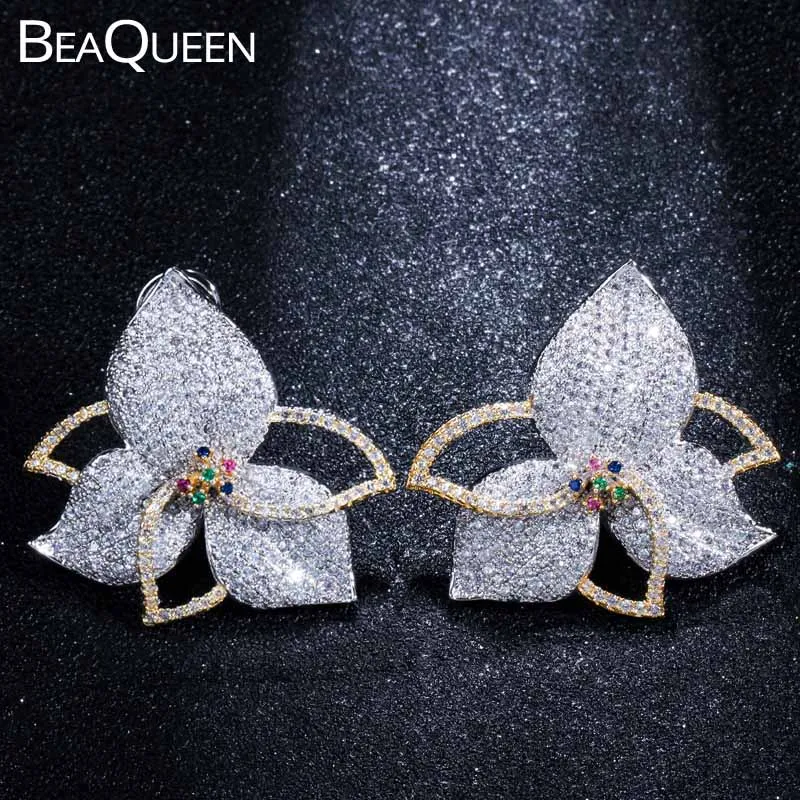 Женские серьги с большим цветком BeaQueen свадебные разноцветным кубическим