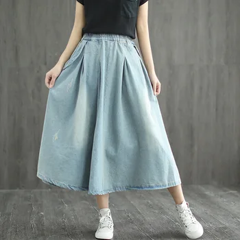 

2020 Summer Classic Blue Denim Skirts Women Washed Big Hem A-Line Midi Skirts Lady Casual With Pockets All- Match Slouchy Skirt