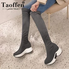 TAOFFEN/ г. Сапоги выше колена Женские повседневные эластичные сапоги женская обувь, увеличивающая рост осенне-зимняя длинная обувь размер 34-43