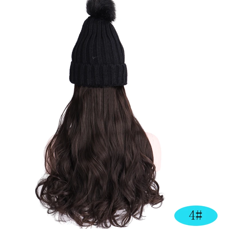 Длинные волнистые парики с эластичными вязанными шляпы парики черный белый колпачок термостойкие синтетические Натуральные Искусственные волосы парики для женщин зима - Цвет: brown black