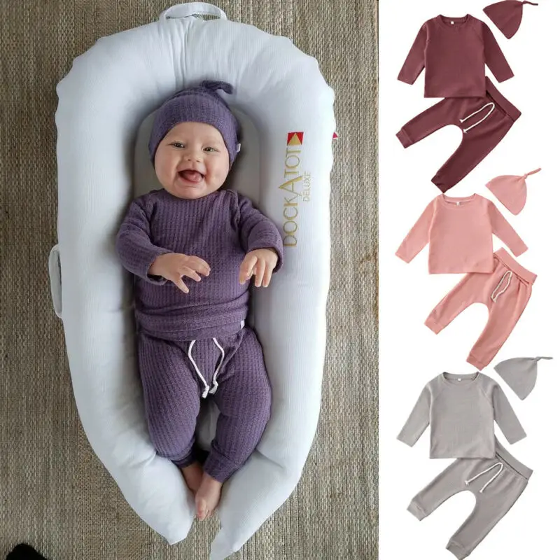Одежда для сна для маленьких девочек от 0 до 24 месяцев, комплект одежды, топы с длинными рукавами, длинные штаны шляпа, наряды комплект из 3 предметов, 5 цветов