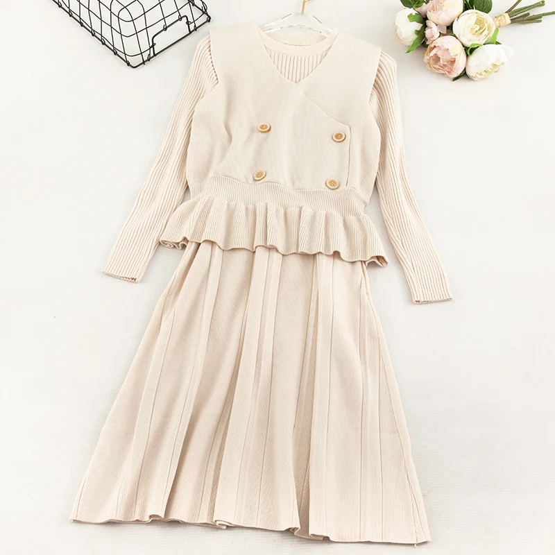 Women Dress Женский Осенний плиссированный полосатый свитер с круглым вырезом и длинным рукавом, трикотажное платье на пуговицах с оборками, винтажное эластичное приталенное платье миди с высокой талией - Цвет: Women Dress