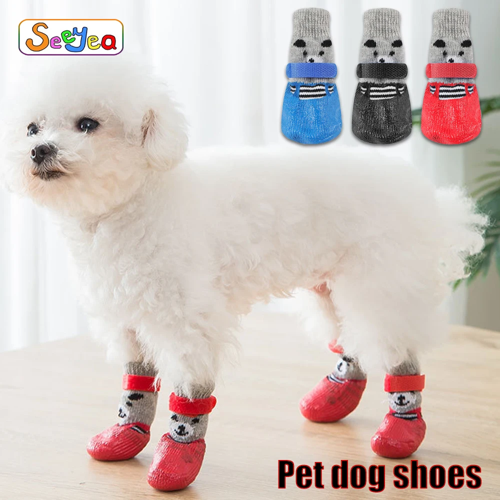 

4pcs Cute Cotton Rubber Pet Dogs Shoes Waterproof Non-slip Dog Rain Boots Puppy Knitted Socks Small And Medium Size Dog Products