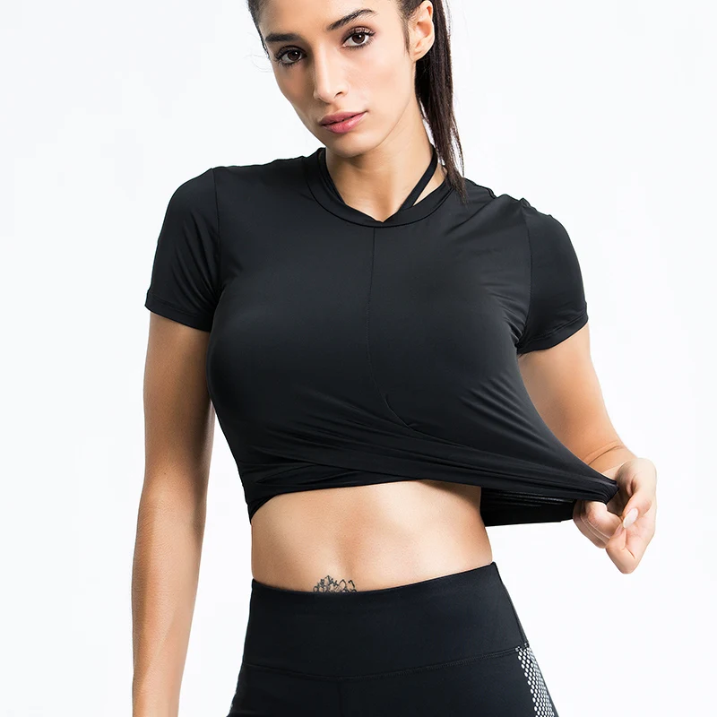 Women Sexy Crop Tops Gym Yoga Shirts Short Sleeve Workout Tops Running Sport T-Shirts High Elasticity Breathable Fitness Sportsw