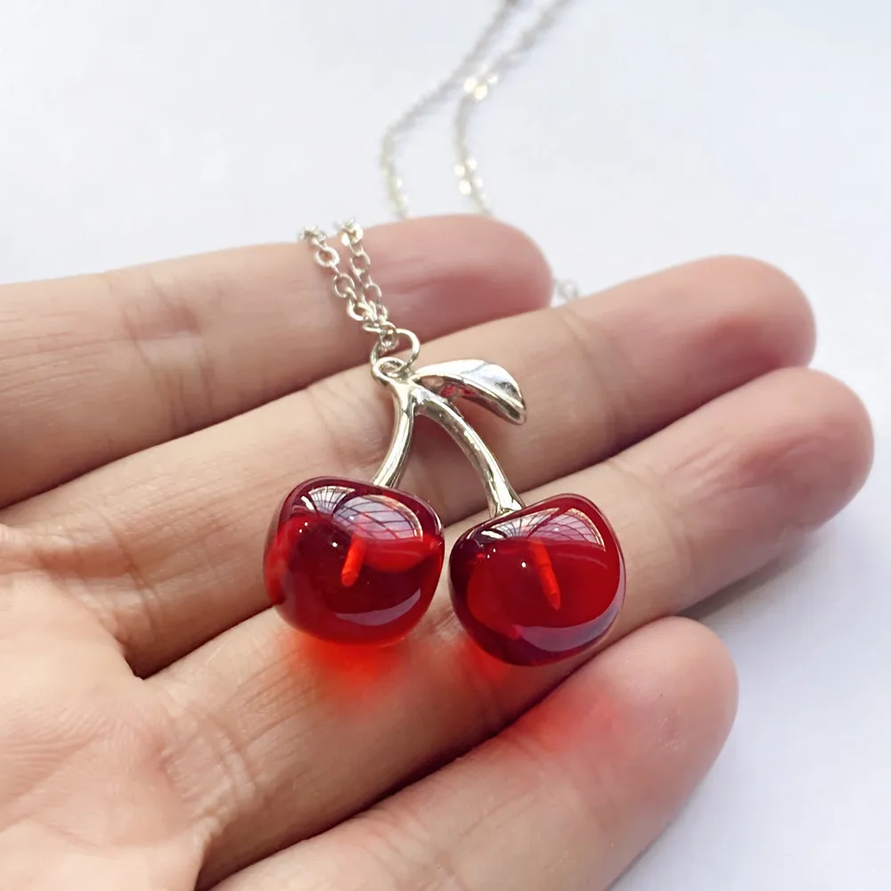 New Style Punk Red Black Cherry Pendant Metal Clavicle Chain Choker Necklace for Women Girls Birthday  Party Jewellery