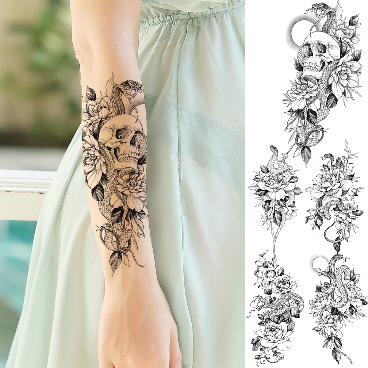 

Временные татуировки для женщин и девушек, искусственная Татуировка черного пиона, цветка, змеи, черепа, переводная татуировка для боди-арта