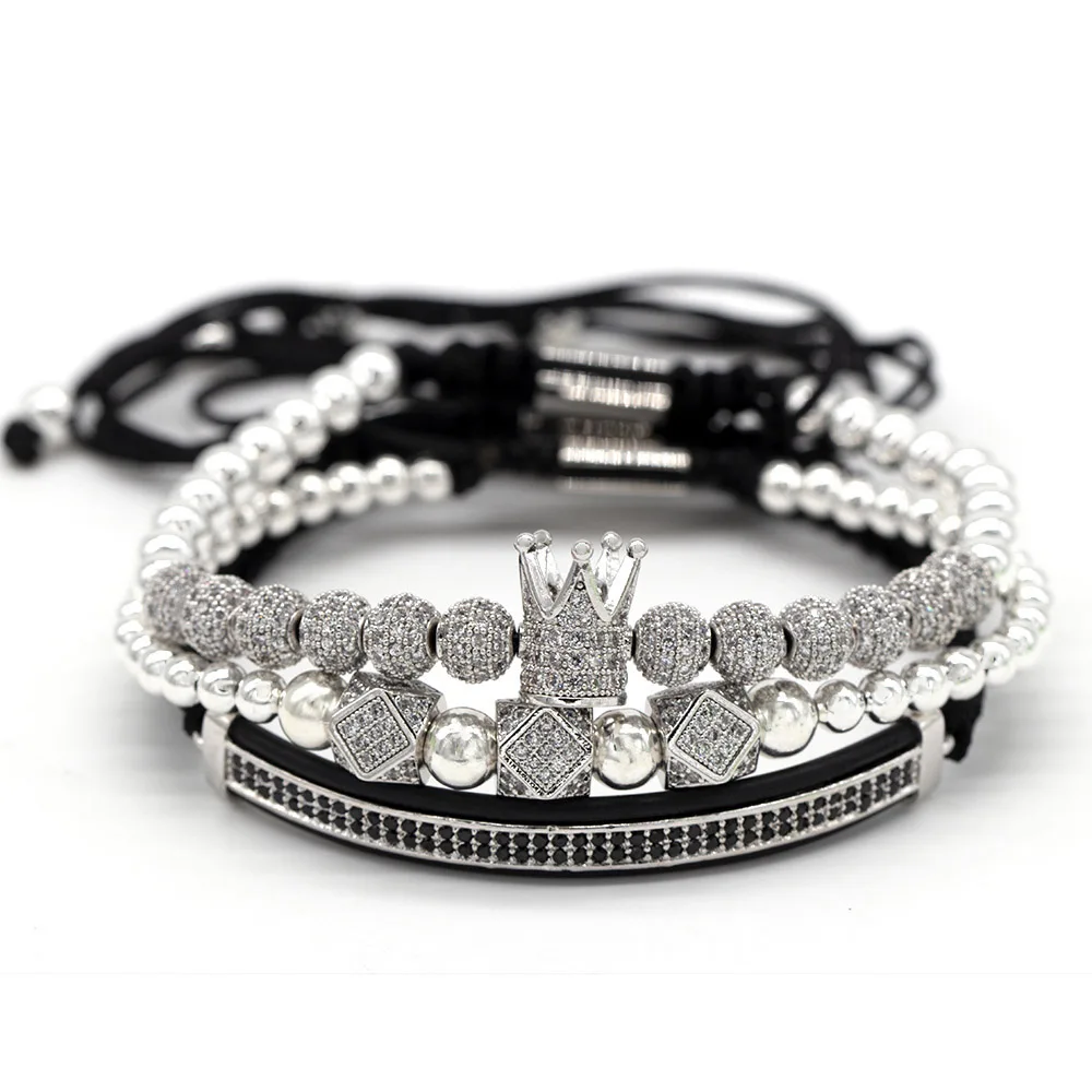 Luxury Jewelry CZ Ball Crown Charm Bracelet Copper Bead Macrame Handmade Men 3pcs Bracelets Set Bangles For Men Jewelry