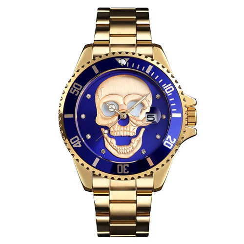 SKMEI Классические мужские кварцевые часы с рисунком черепа из нержавеющей стали спортивные часы 30 м водонепроницаемые мужские наручные часы Relogio Masculino 9178 - Цвет: Gold blue