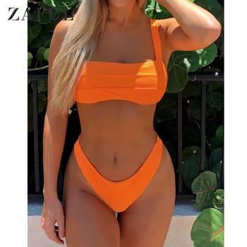 

Zaful Padded Wide Straps Bandeau Bikini Set Solid Wire Free Swimwears Sexy Low Waisted Swimsuit Sexy Women Bathing Suit