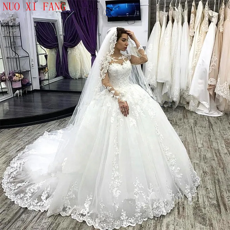 NUOXIFANG Elegant Long Sleeves Plus Size Wedding Dress White Robe De Mariee 2022 Appliques Lace Bridal Gowns Vestido De Novias