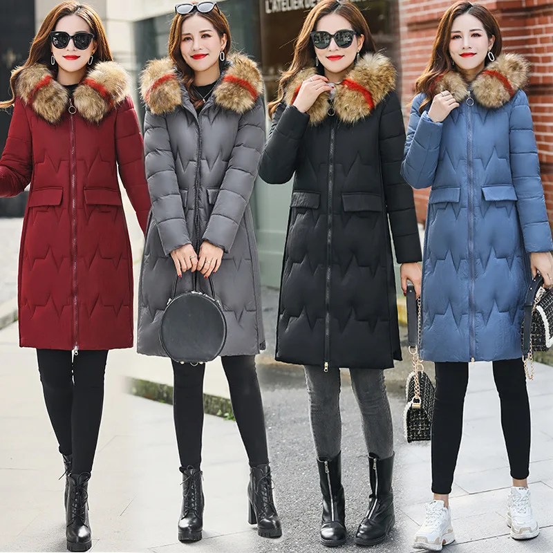 

2019 Cotton Coat Women's Winter Mid-length Korean-style Slim Fit Large Fur Collar Cotton-padded Clothes Women's New Style Thick