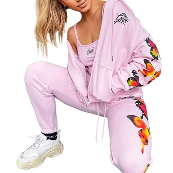 

3 Pcs Women’s Outfit Spaghetti Strap Low-Cut Tank Top + Zipper Hoodie + Tie-Waist Pants with Butterfly Patterns Suits for Ladies