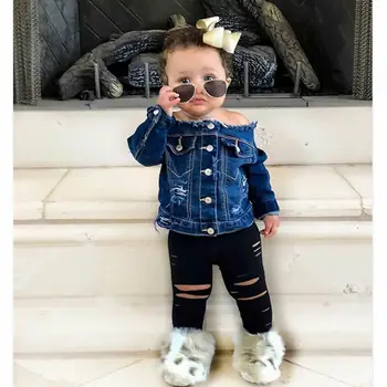 

Pudcoco Off Shoulder Denim Jacket Outfits Fashion Toddler Kids Baby Girls Tops + Hollow Out Black Pants Autumn Clothes