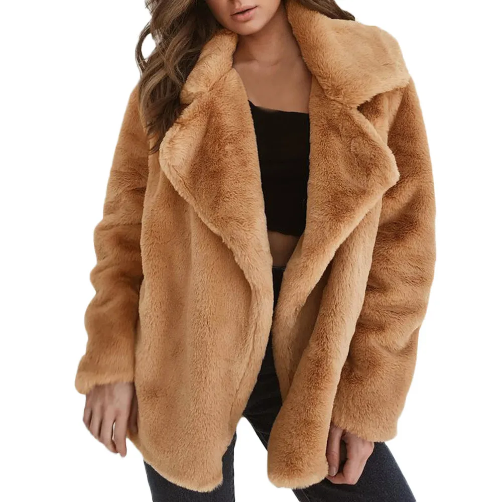 Женское пальто из искусственного меха, утепленное Шелковистое меховое плюшевое пальто с отложным воротником, зимнее женское теплое меховое пальто, Manteau Femme Hiver