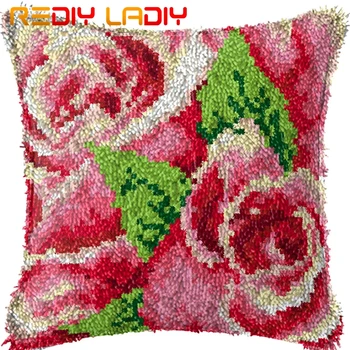 

Latch Hook Cushion Red Rose Flowers Pillow Case Pre-Printed Color Canvas Acrylic Yarn Latched Pillow Crochet Cushion Cover Craft