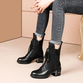 

Elegant Comfortable Genuine Leather Mid-Calf Boots Autumn Winter Thick High Heels Cross Tied Casual Shoes Woman