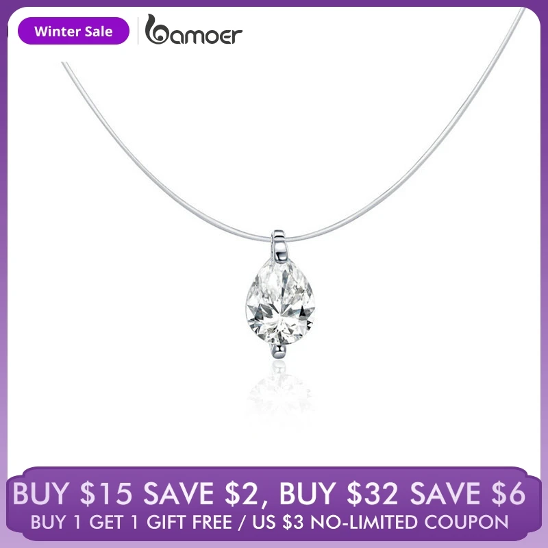 

bamoer 925 Sterling Silver Invisible Choker Necklace for Women Waterdrop Square Triangle Pendant Neckalce Female Bijoux SCN332-D