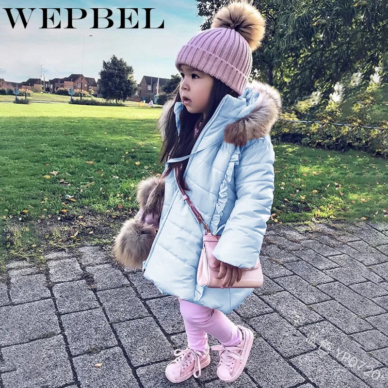 

WEPBEL Girl Kids Fashion Down Parkas Winter Autumn Warm Long Full Sleeve Cute Fur Hooded Zipper Casual New Parka Downs