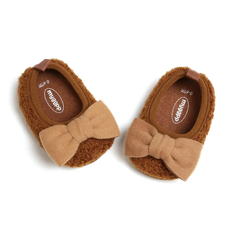 Baby Girl Breathable Plush Bowknot Anti-Slip Casual Sneakers Toddler Soft Soled Walking Shoes
