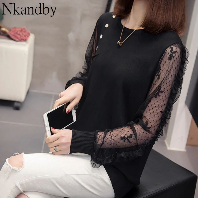 

Plus Size Knitting Tops Tees 2020 Spring Women Elegant Korean Pockets Pullovers Oversize Lace Long Sleeve Office Lady Knitwear