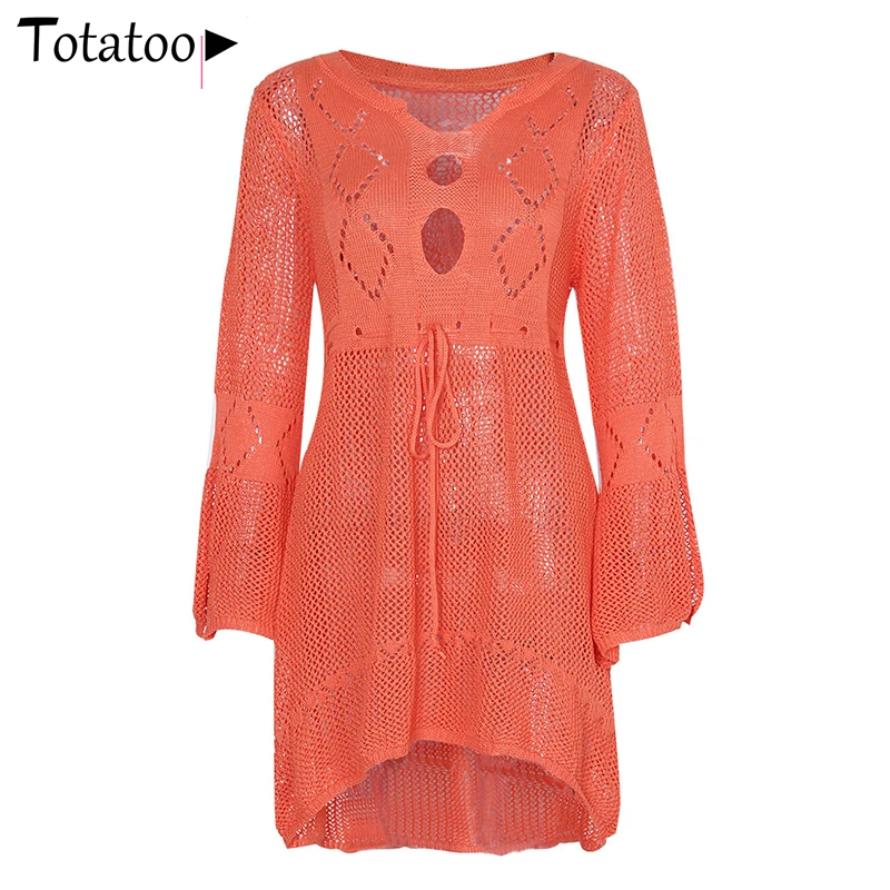 Totatoop Backless Sexy Knitted Dress Women 2021 Summer Long Sleeve Open Back See Through Beach Cover Mini Dress Femme Clubwear vintage clothing stores