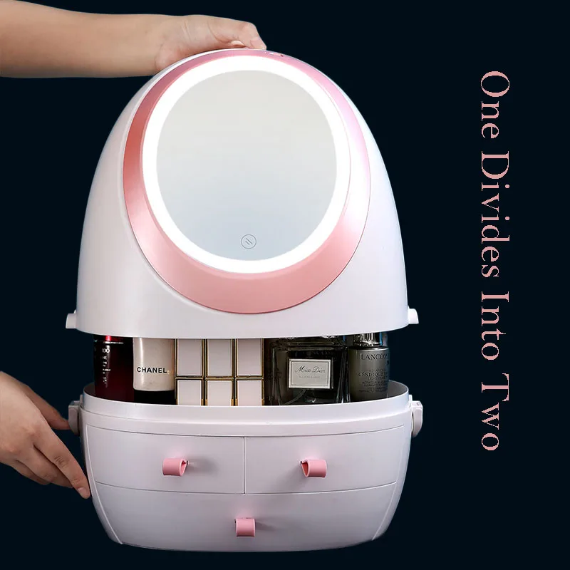  Cosmetic Storage Box With lamp and Mirror HD led mirror makeup Organizer USB charging Dust proof li - 4000327473635