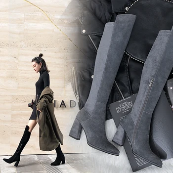 Sexy over the knee high boots woman suede leather thick high heels women boots autumn winter black gray party shoes woman 2
