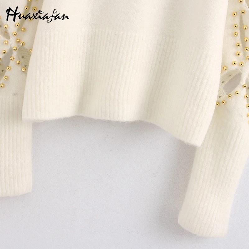 Huaxiafan, женский свитер, выдалбливают, алмаз, длинный рукав, пэчворк, вязаный свитер, женский, базовый, с бисером, Повседневный, пуловеры, топы
