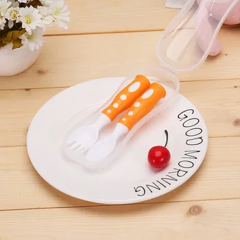 

2Pcs Baby Bobora Safe Plastic Baby Spoon+ Fork Colorful Anti-Skid Handle Learning Tableware Children Dishes With Box/opp bag