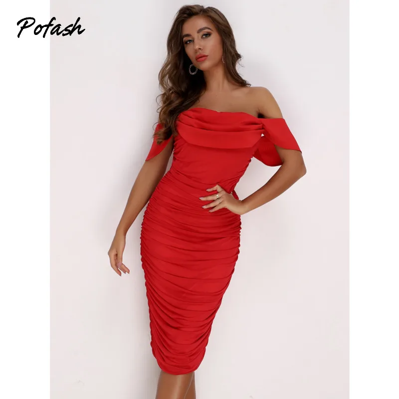 Pofash Solid Red Off Shoulder Summer Dresses Women Backless Sexy Club Paety Ruched Bodycon Dress Zipper Midi 2021 Vestidos | Женская
