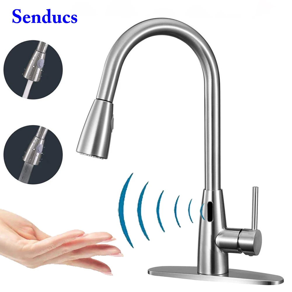 Sensor Kitchen Faucet Senducs Touchless Pull Out Kitchen Sink Faucet Brushed Nickel Automatic Kitchen Tap Sensor Kitchen Faucets Kitchen Faucets Aliexpress