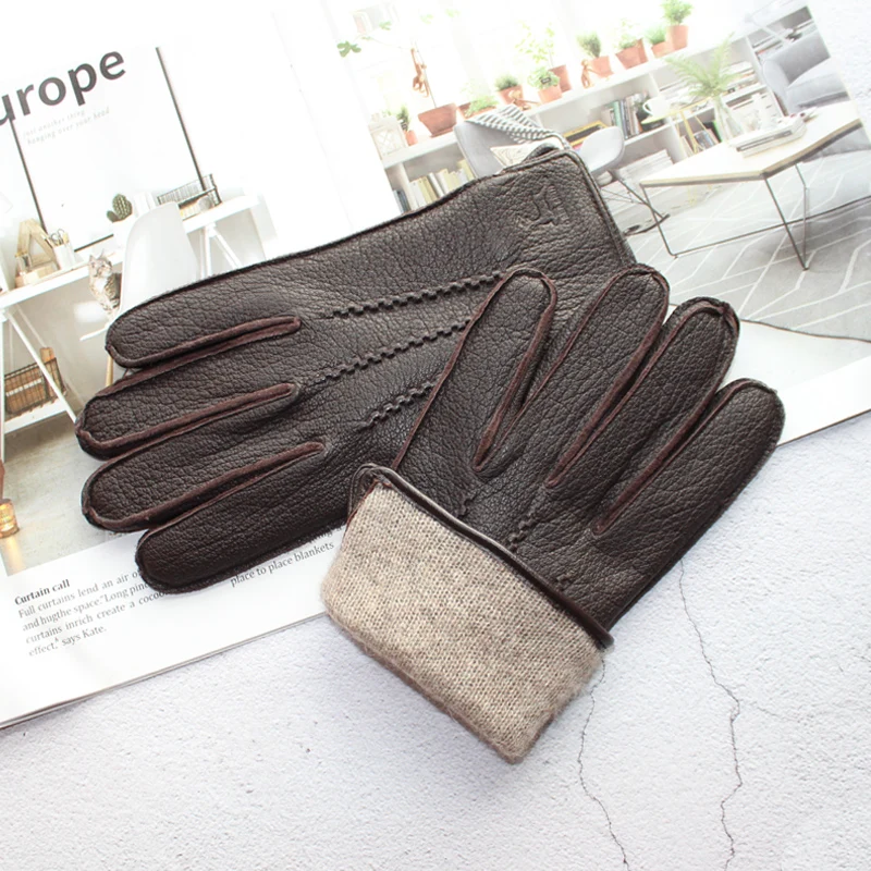 Leather Gloves Warm Gloves Male Gloves Deerskin Wool Knitted Lining Motorcycle Riding Driving Autumn Winter